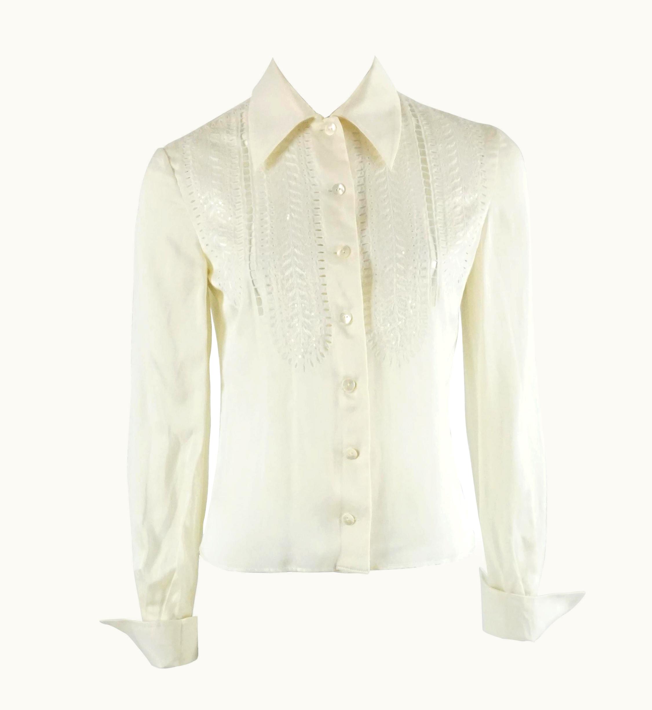 Valentino Valentino Ivory Silk Long Sleeve Top WS/S Eyelet Detail-4