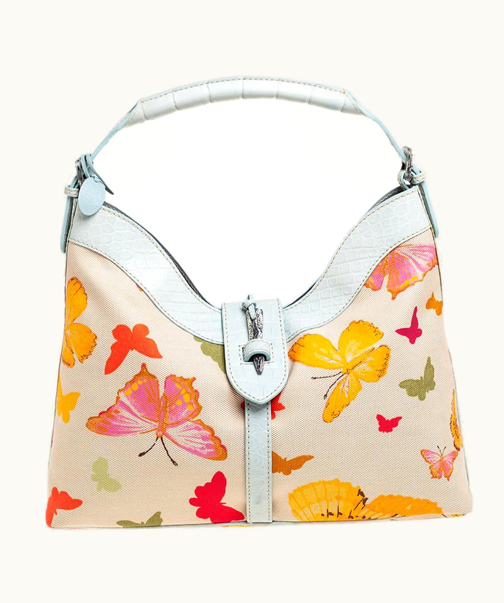Valentino Valentino Multicolor Butterfly Print Canvas And Croc Embossed Leather Hobo UZ0611305