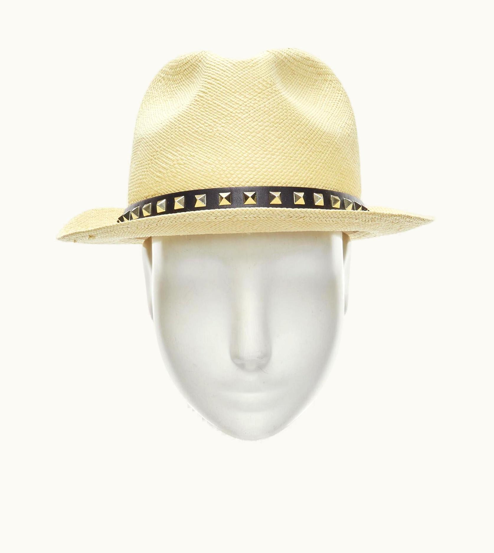 Valentino Valentino Rockstud Beige Raffia Black Calfskin Leather Studded Straw Hat