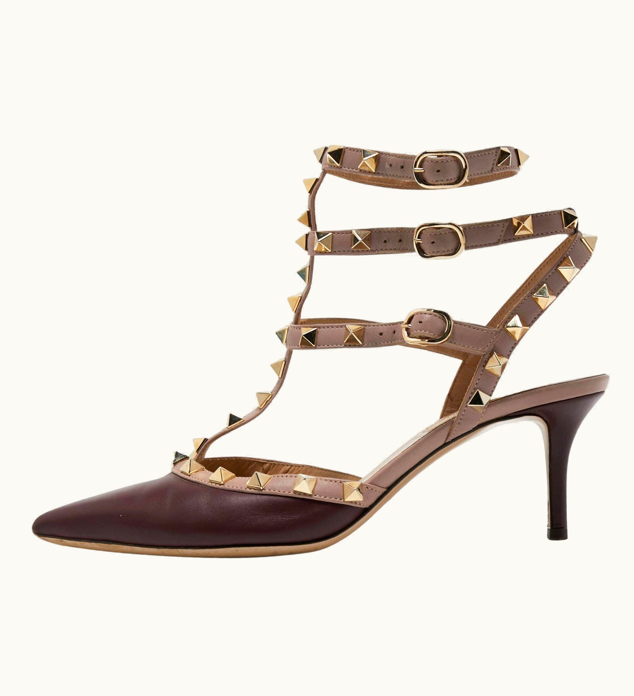 Valentino Valentino Beige/Burgundy Leather Rockstud Pointed Toe Pumps
