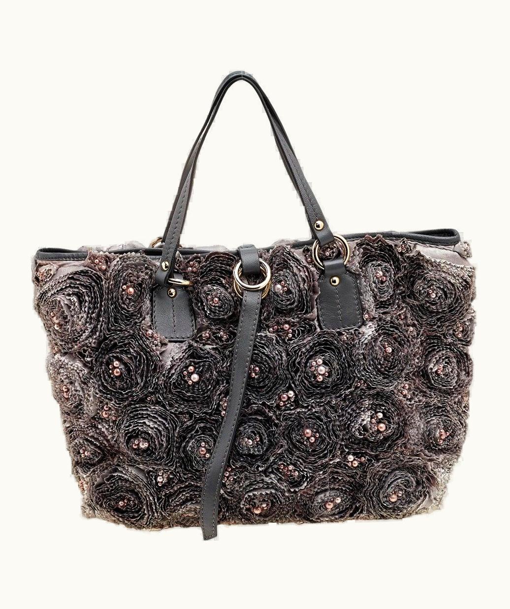 Valentino Valentino Grey Leather And Silk Organza Pearl Embellished Rosier Tote UZ0611315