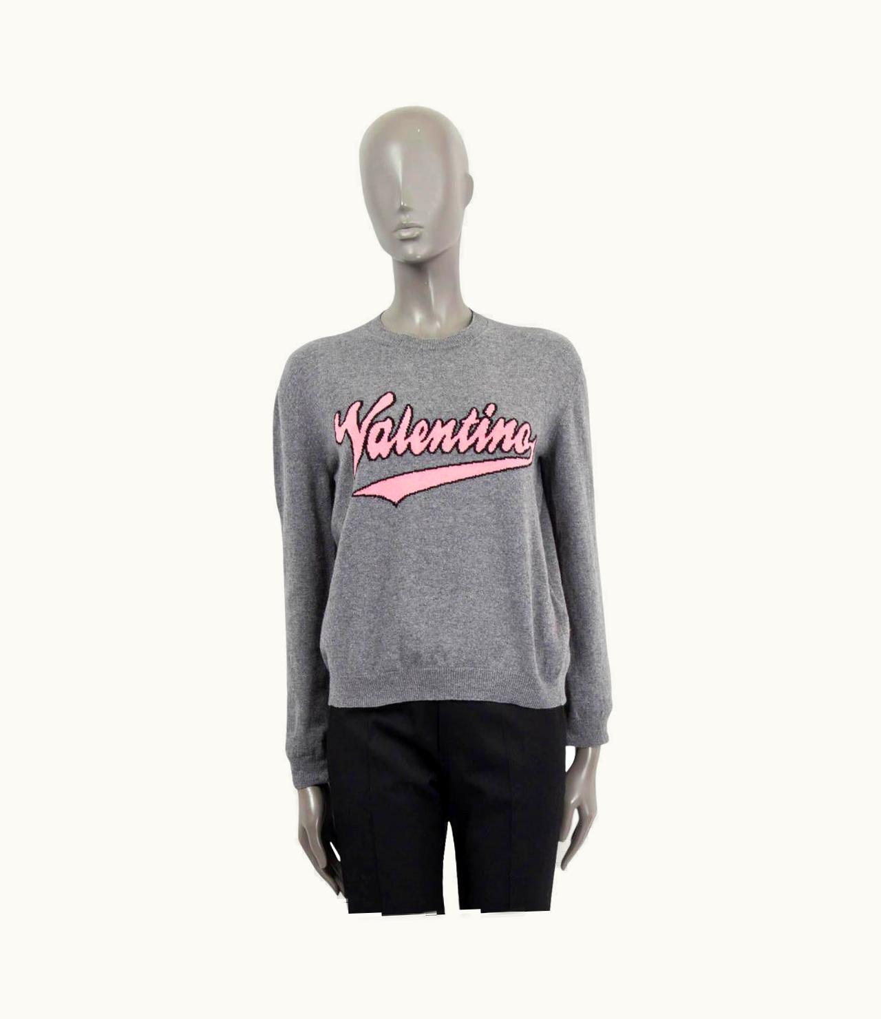 Valentino Valentino Grey Wool & Cashmere Pink Intarsia Logo Crewneck Sweater