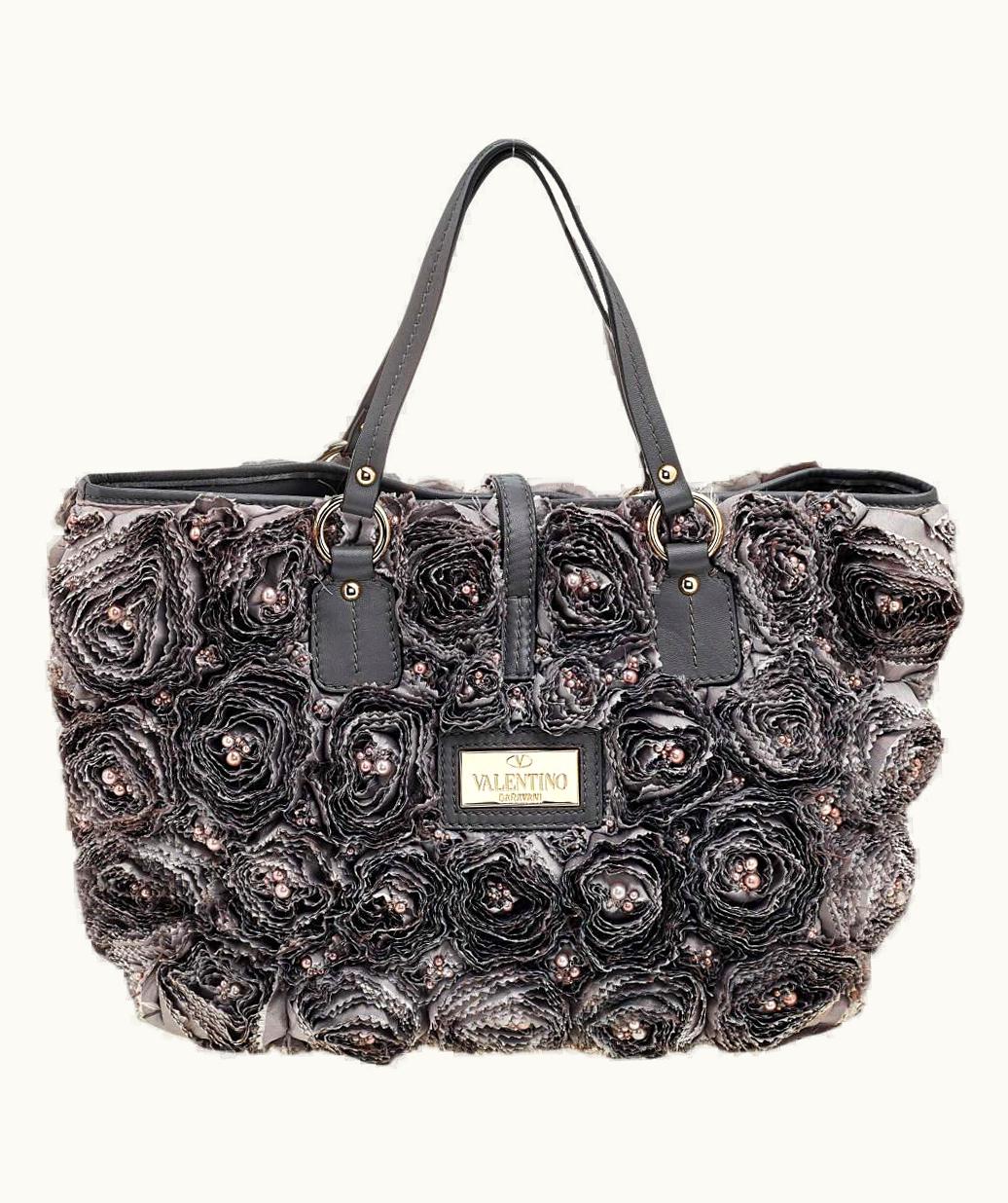 Valentino Valentino Grey Leather And Silk Organza Pearl Embellished Rosier Tote UZ0611317