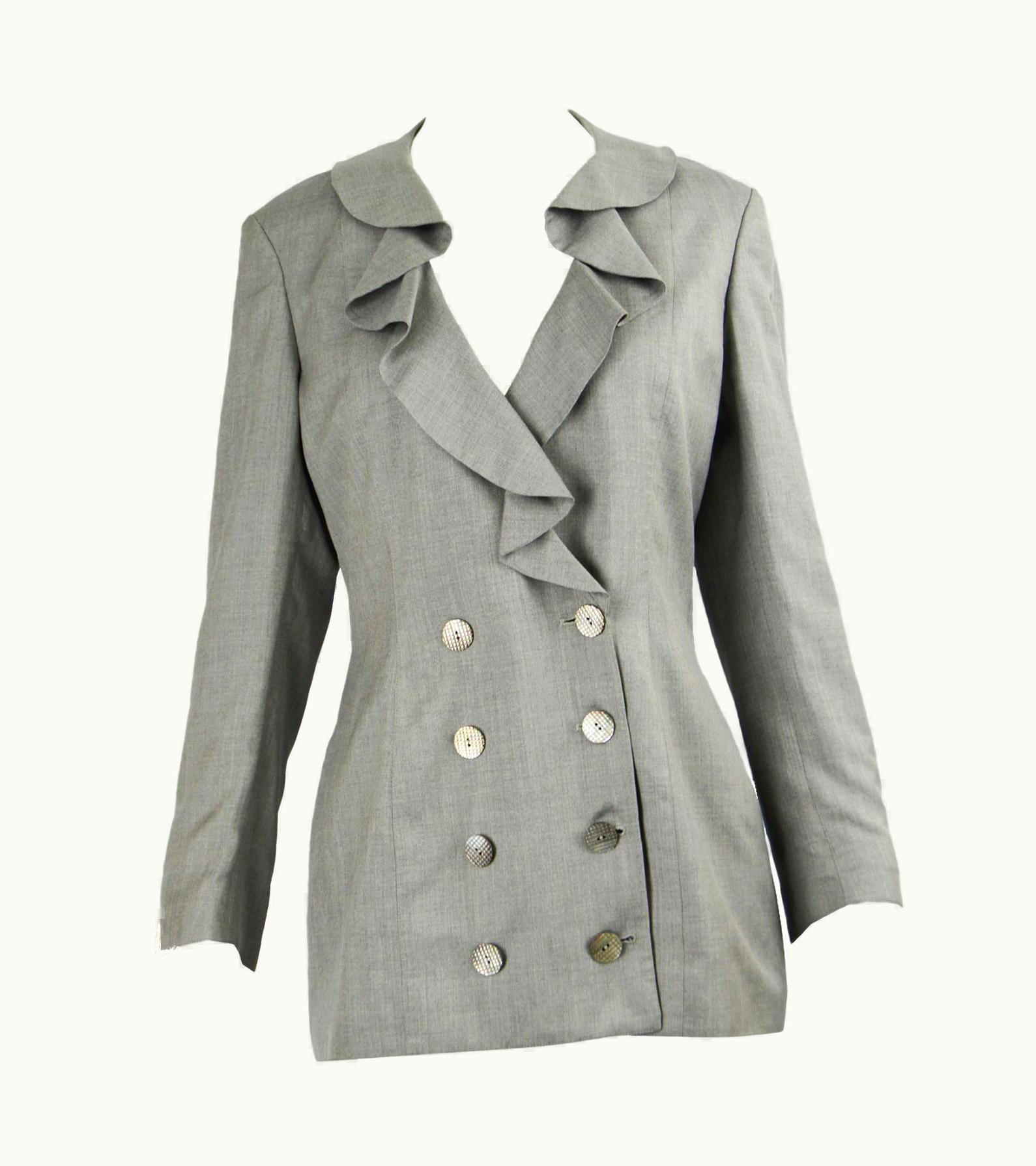 Valentino Valentino Vintage 1980s Women' Grey Ruffled Silk Lined Blazer Jacket