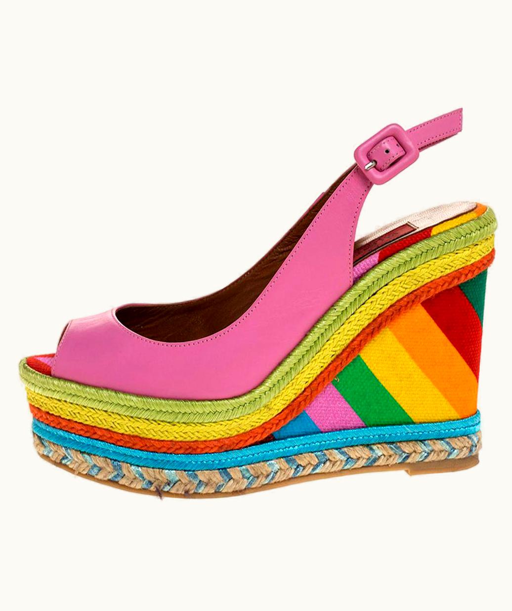 Valentino Valentino Pink Leather Multicolor Wedge 1973 Espadrille Sandals