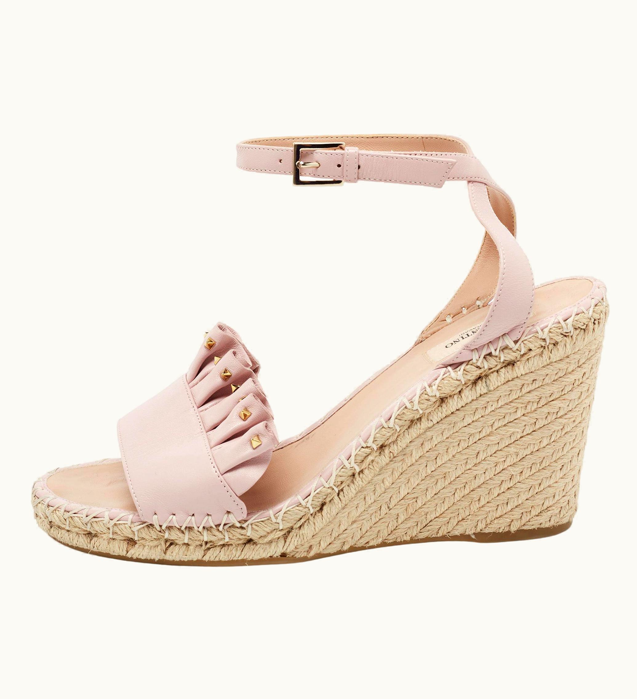 Valentino Valentino Leather Studded Ruffle-Trimmed Espadrille Wedge Sandals