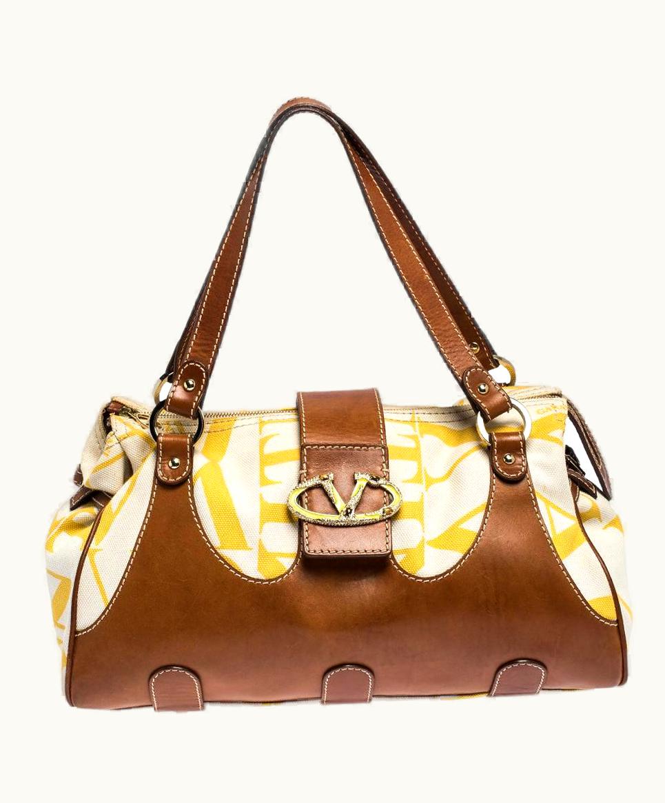 Valentino Valentino Yellow/Tan Canvas And Leather V Clasp Catch Satchel