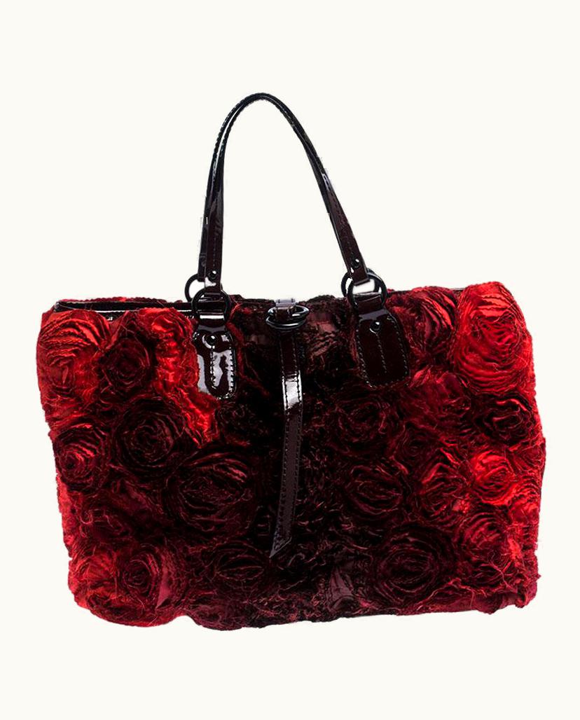 Valentino Valentino Red Floral Applique Satin And Patent Leather Shopper Tote