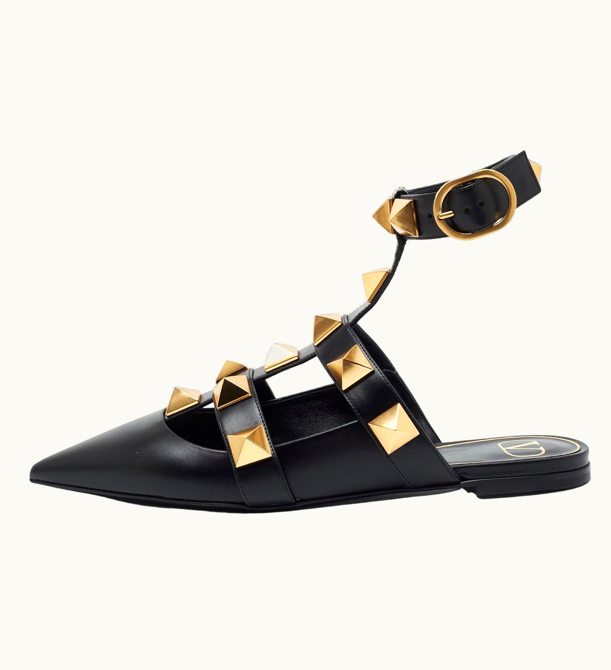 Valentino Valentino Black Leather Roman Stud Ankle Strap Flats