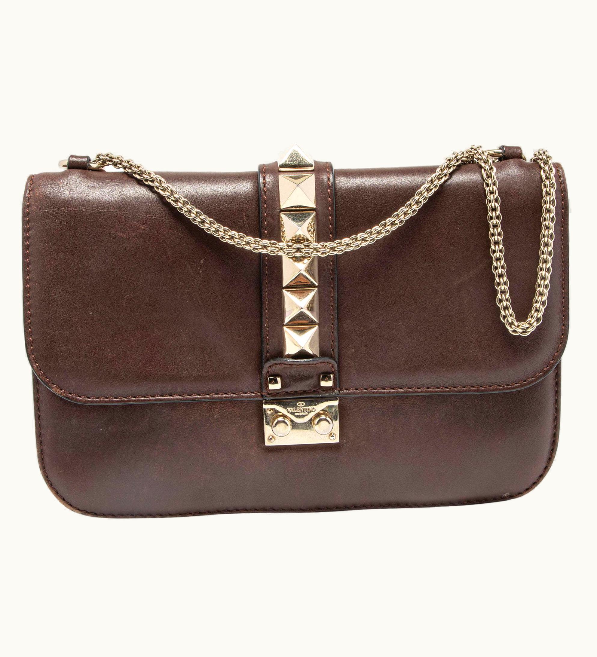 Valentino Valentino Brown Leather Medium Rockstud Glam Lock Flap Bag