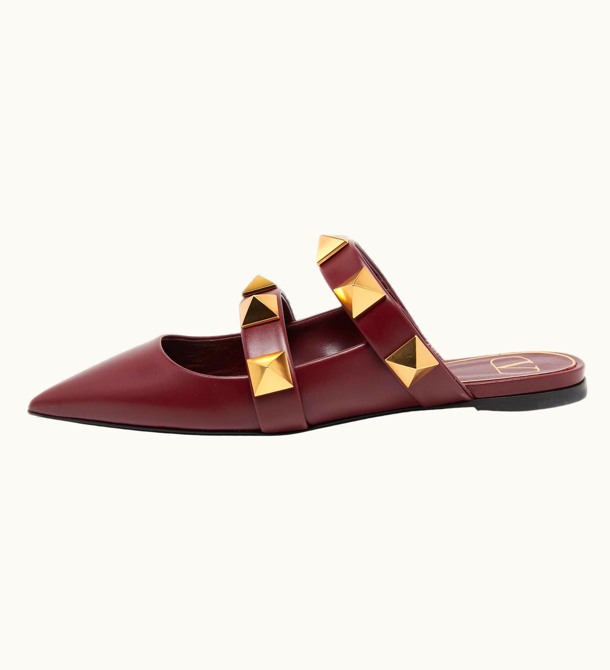 Valentino Valentino Burgundy Leather Roman Stud Flat Mules UZ0611346