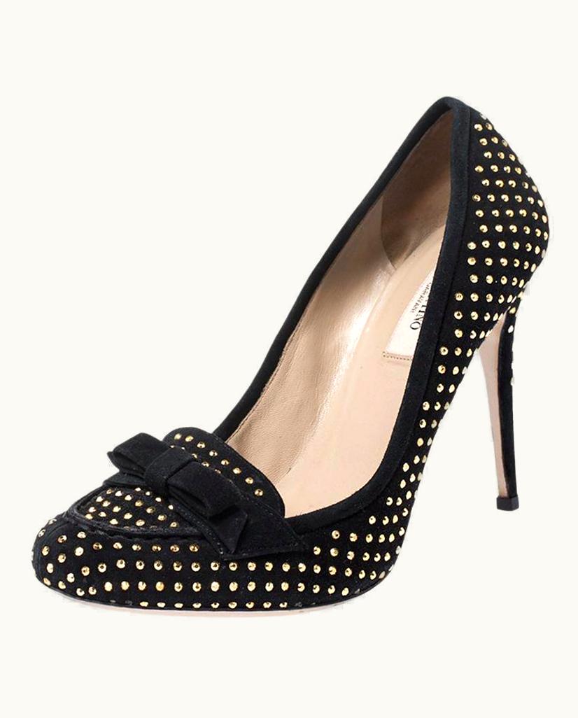 Valentino Valentino Black Suede Gold Tone Studded Loafer Pumps
