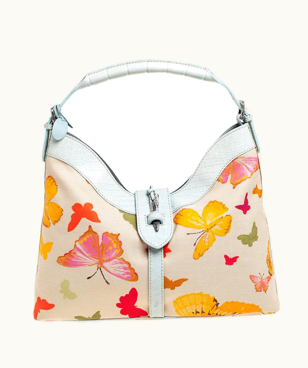 Valentino Valentino Multicolor Butterfly Print Canvas And Croc Embossed Leather Hobo UZ0611353