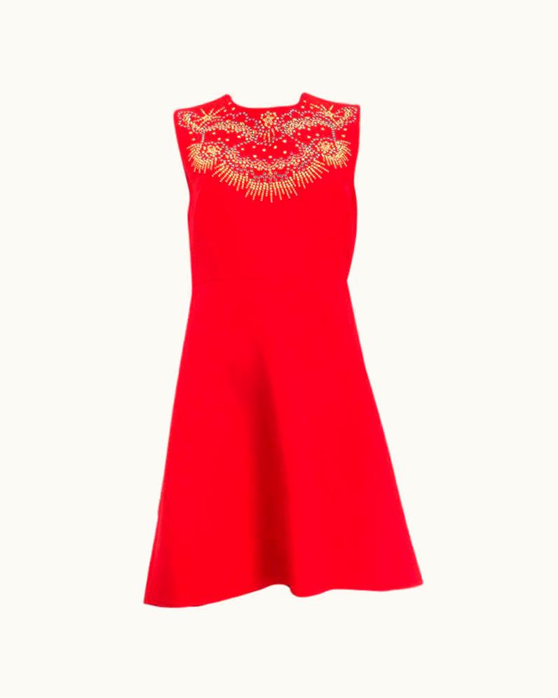 Valentino Valentino Red Wool & Silk Embellished Sleeveless Flared Dress