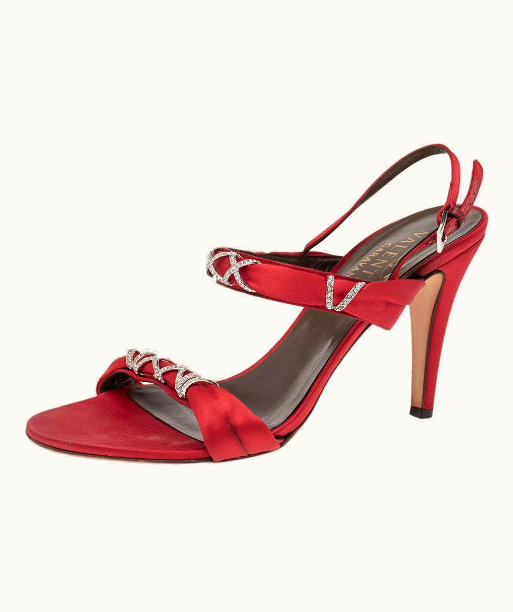 Valentino Valentino Red Satin Crystal Embellished Slingback Sandals