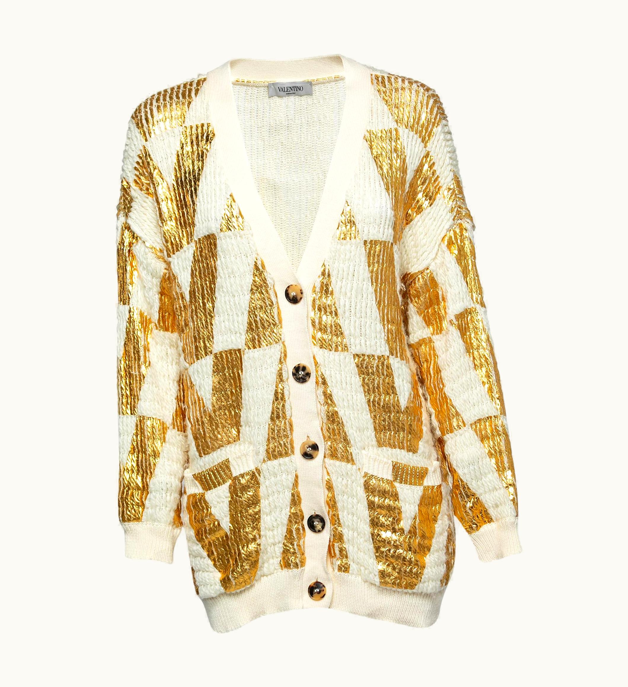 Valentino Valentino White & Gold Coated Wool Knit Oversized Cardigan