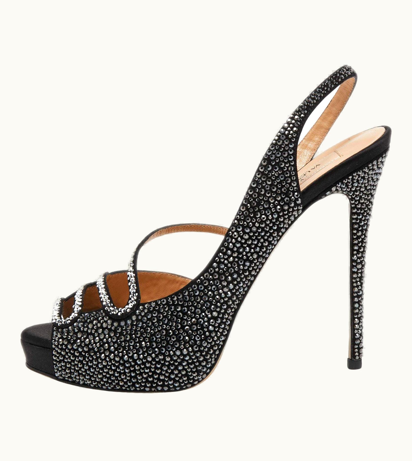 Valentino Valentino Black Satin Crystal Embellished Slingback Platform Sandals