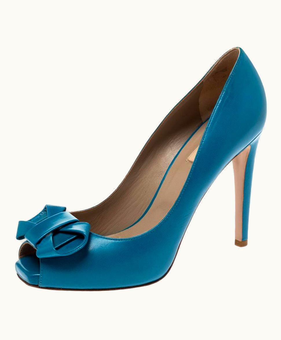 Valentino Valentino Blue Leather Bow Detail Peep Toe Pumps
