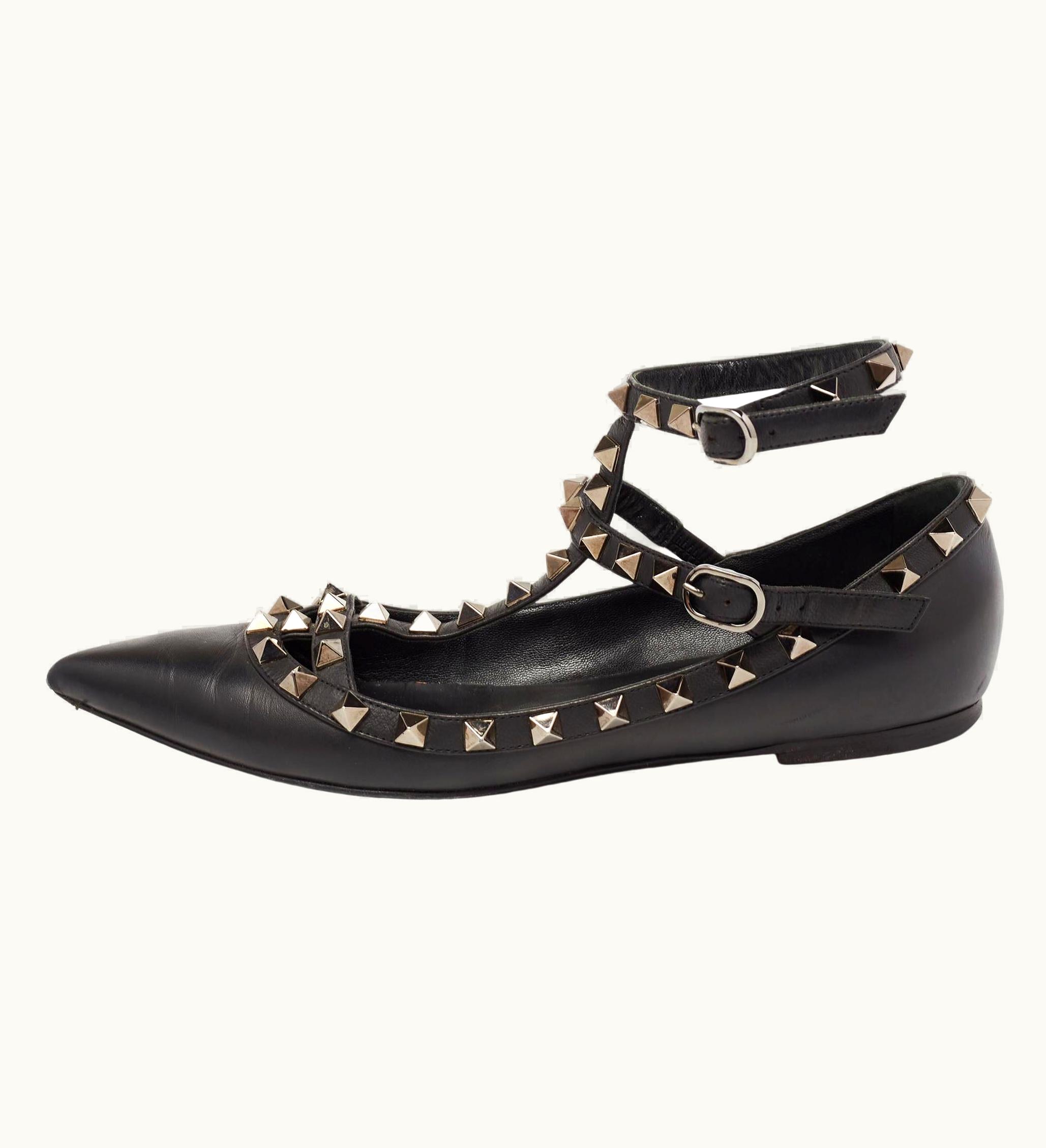 Valentino Valentino Black Leather Rockstud Ankle-Strap Ballet Flats