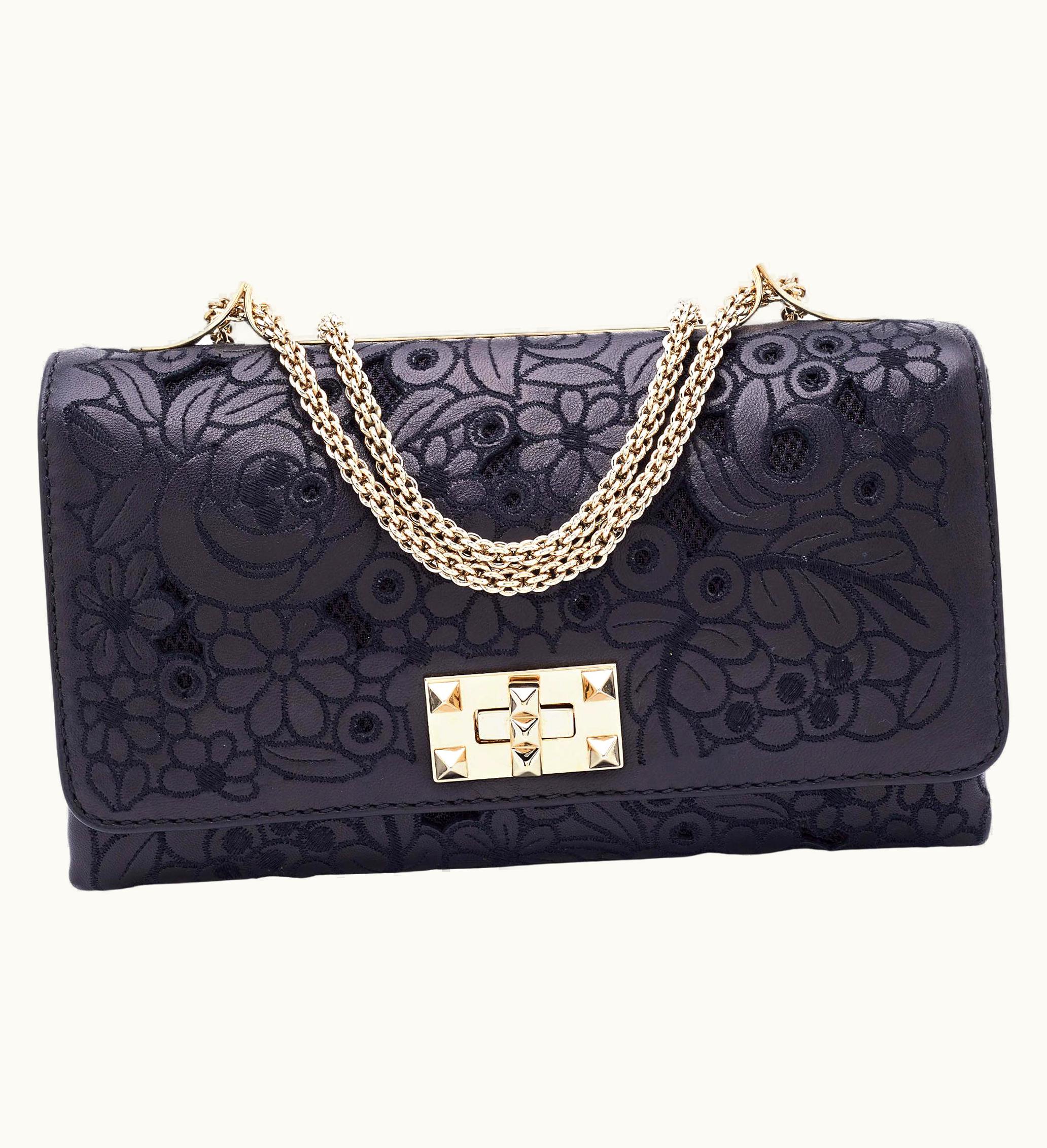 Valentino Valentino Black Lace Cut Leather Girello Chain Shoulder Bag