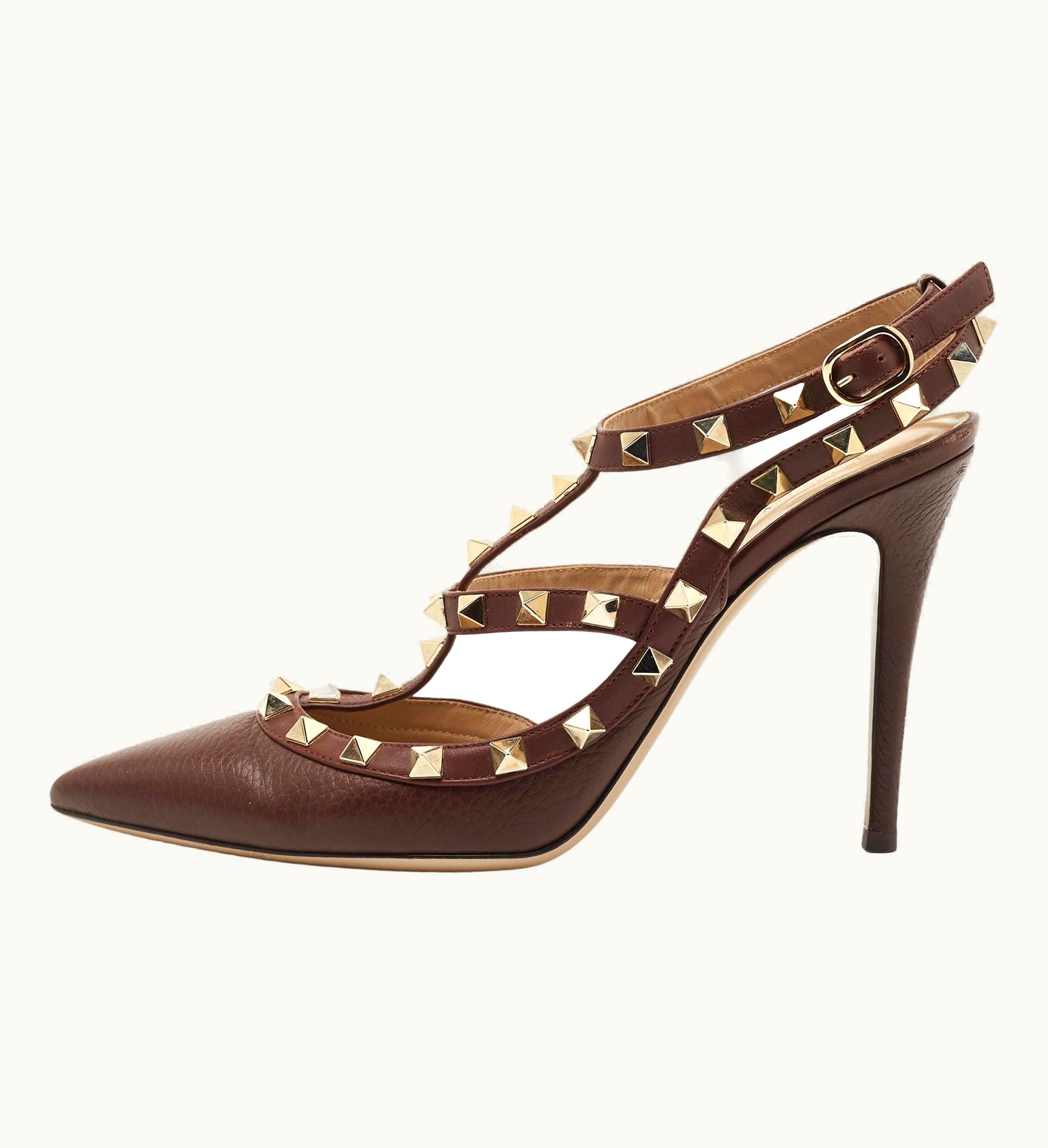 Valentino Valentino Brown Leather Rockstud Ankle Strap Pumps