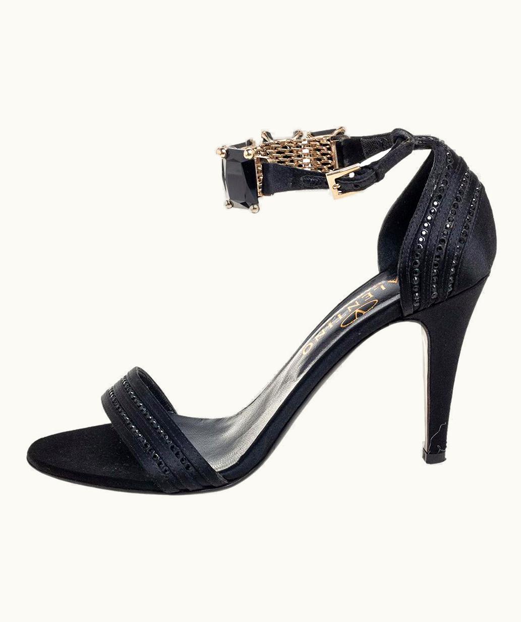 Valentino Valentino Black Satin Crystal Embellished Ankle Strap Sandals