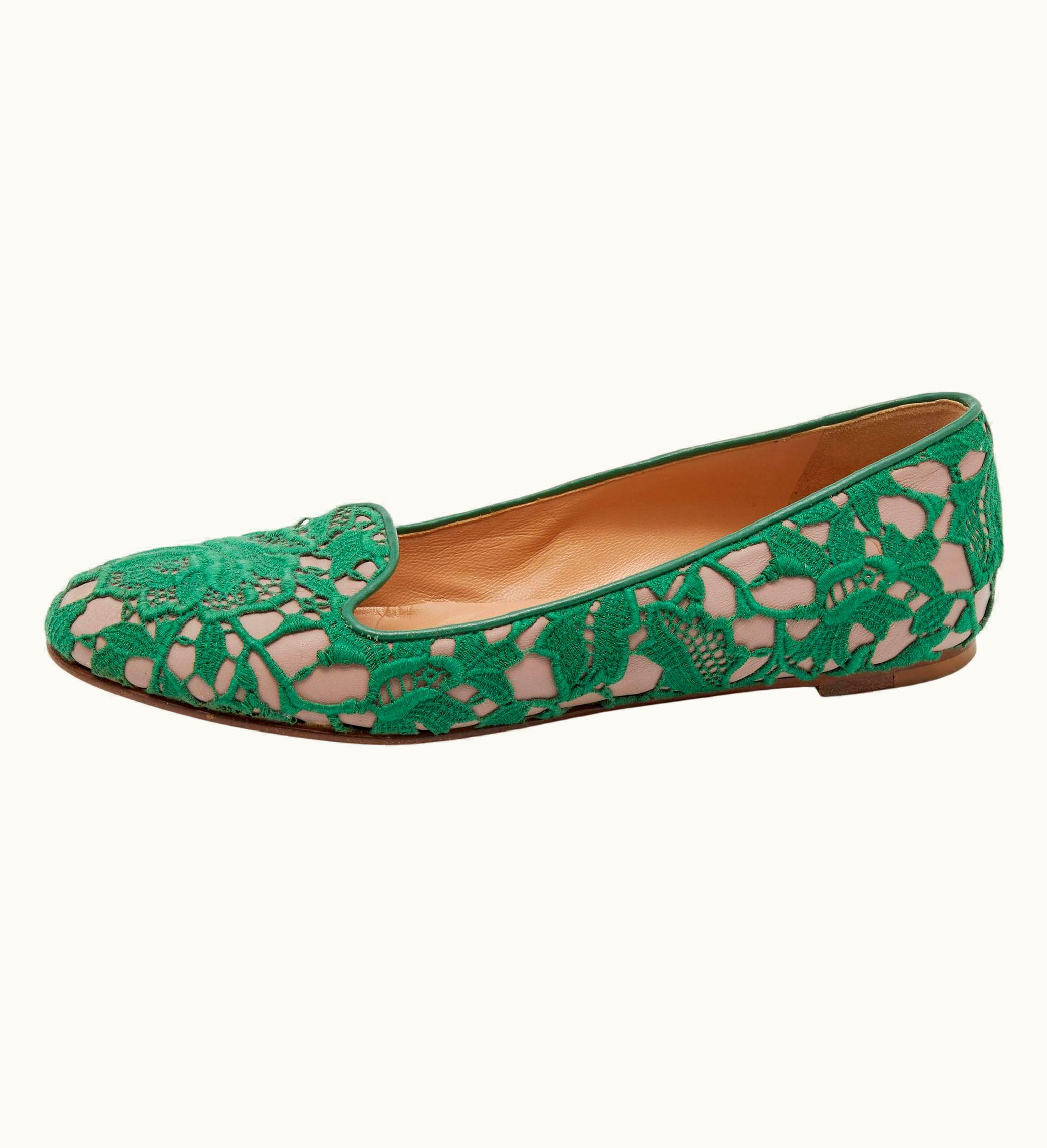 Valentino Valentino Green/Beige Lace And Leather Smoking Slippers