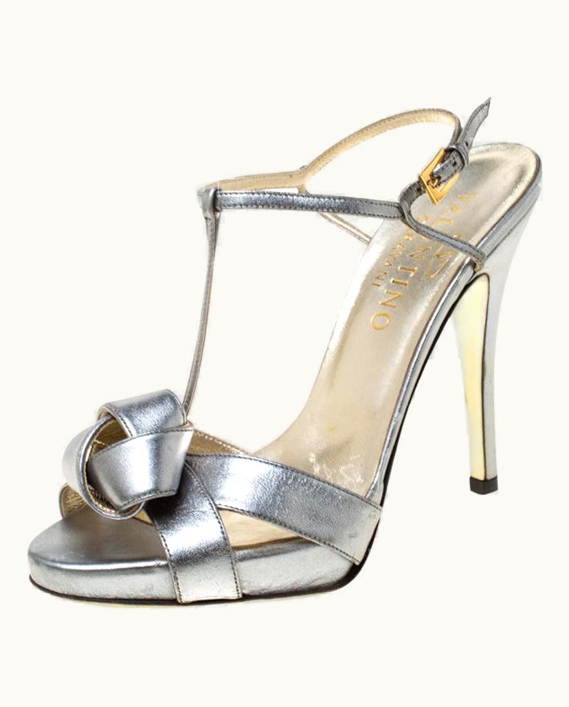 Valentino Valentino Metallic Silver Leather Knotted T-Strap Sandals