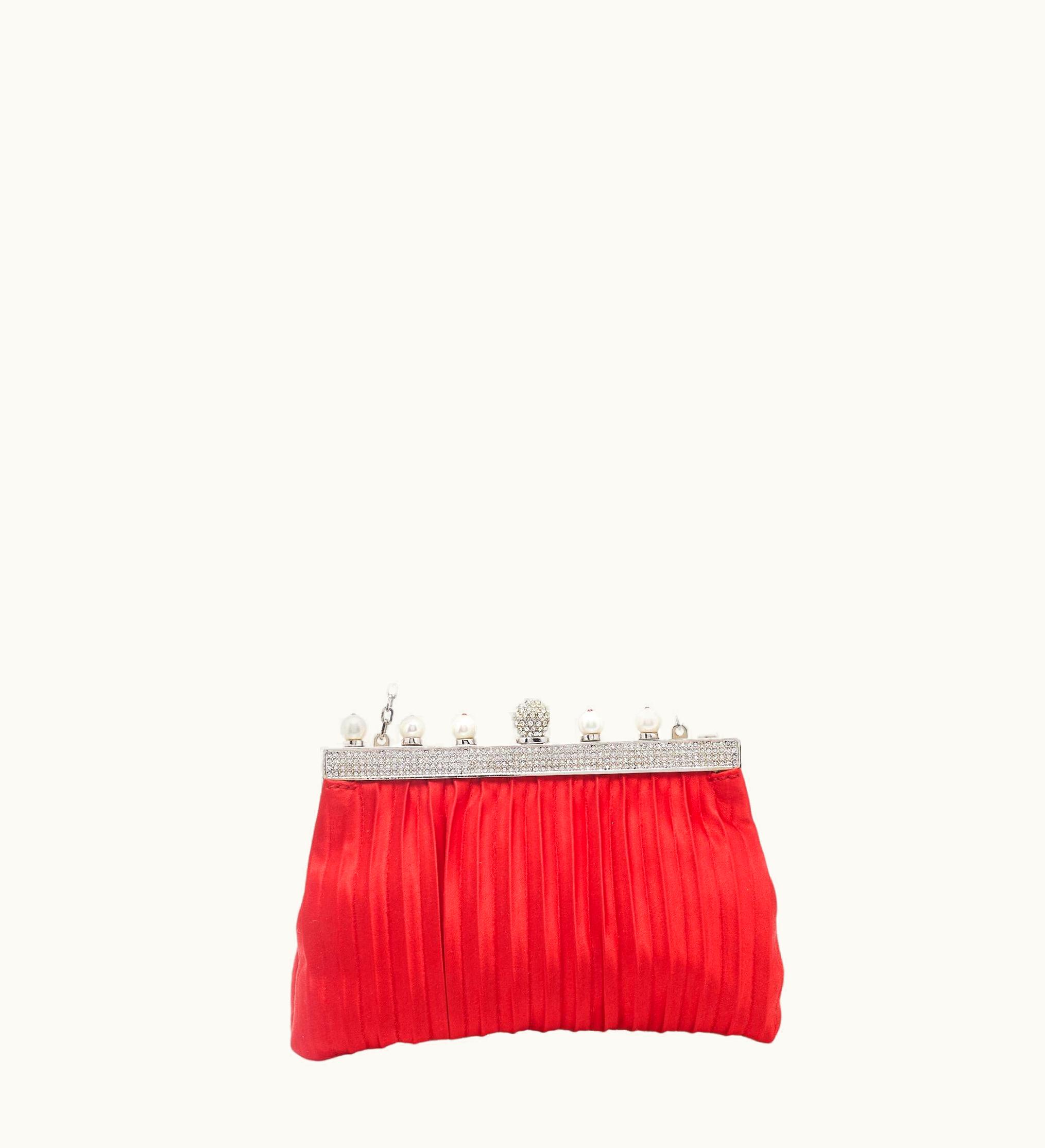 Valentino Valentino Red Satin Crystal And Pearl Embellished Frame Chain Clutch
