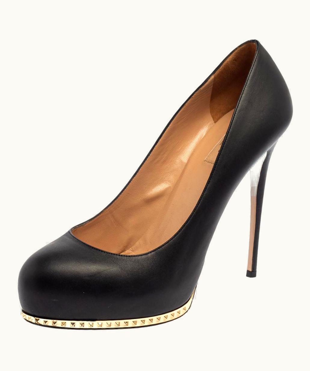 Valentino Valentino Black Leather Studded Round Toe Platform Pumps