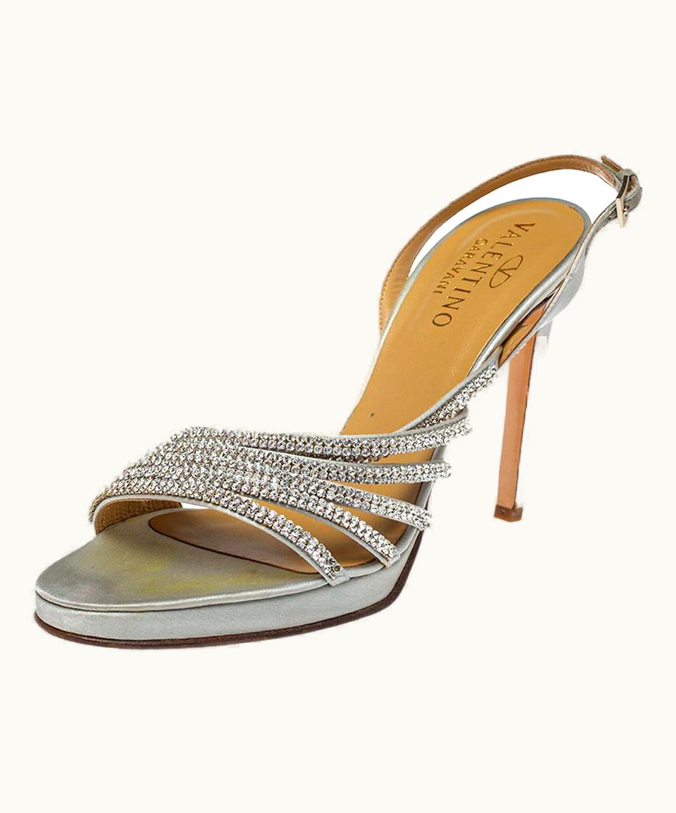 Valentino Valentino Light Grey Satin Crystal Embellished Slingback Sandals