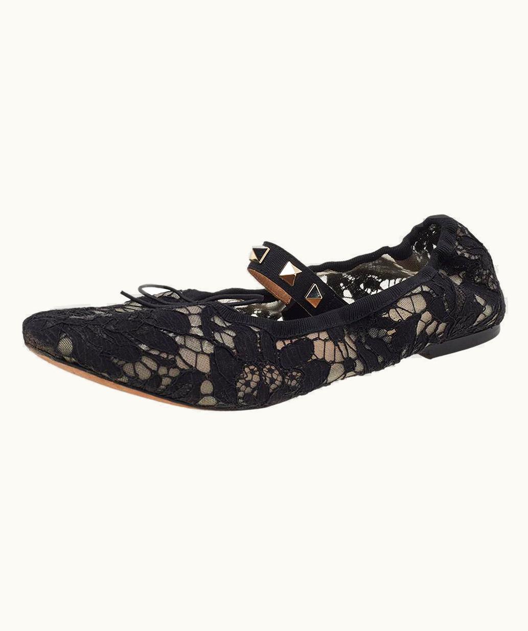 Valentino Valentino Black Lace Rockstud Mary Jane Ballet Flats