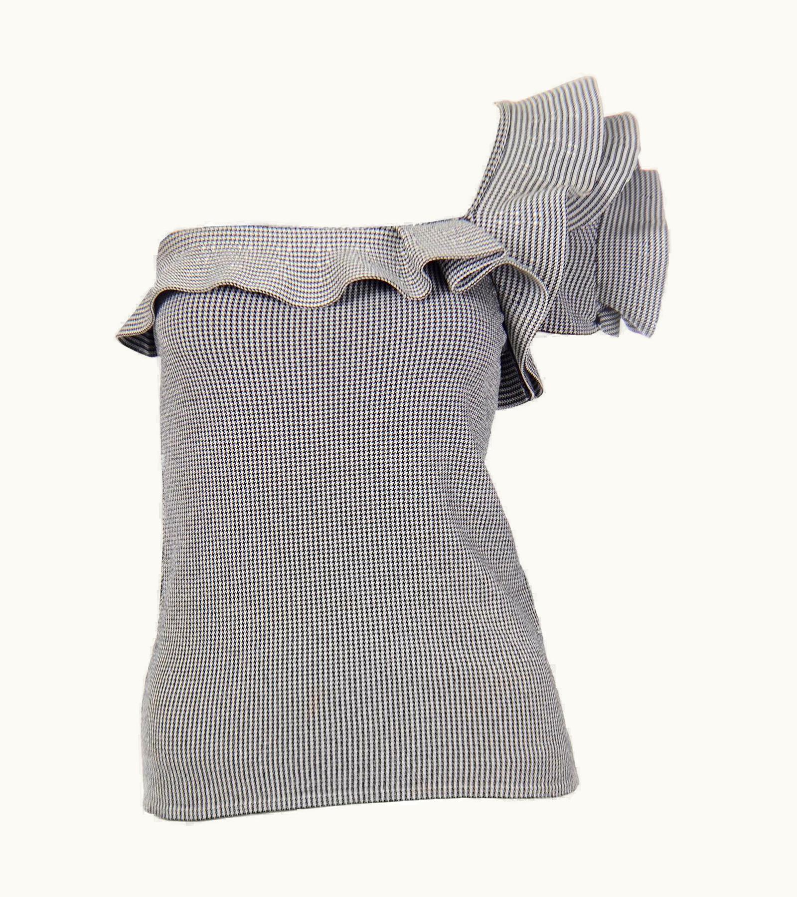 Valentino Valentino Black And White Houndstooth Check One Shoulder Ruffled Top