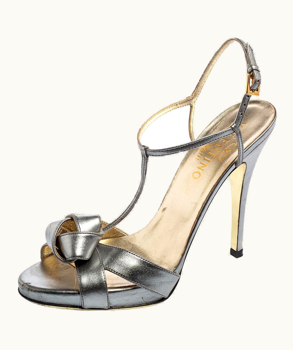 Valentino Valentino Metallic Grey Leather Knotted T-Strap Sandals