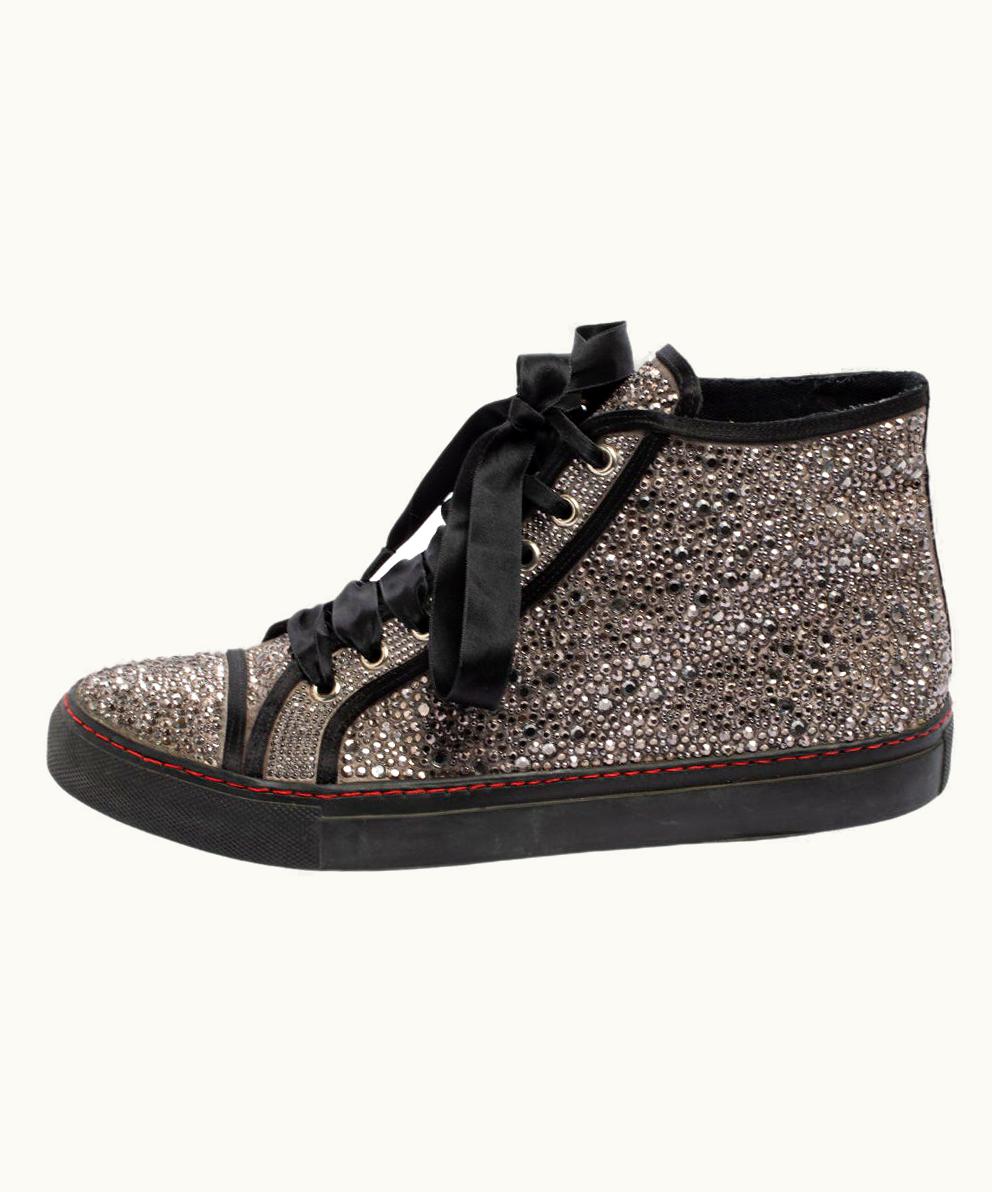 Valentino Valentino Grey/Black Embellished Satin High Top Sneakers
