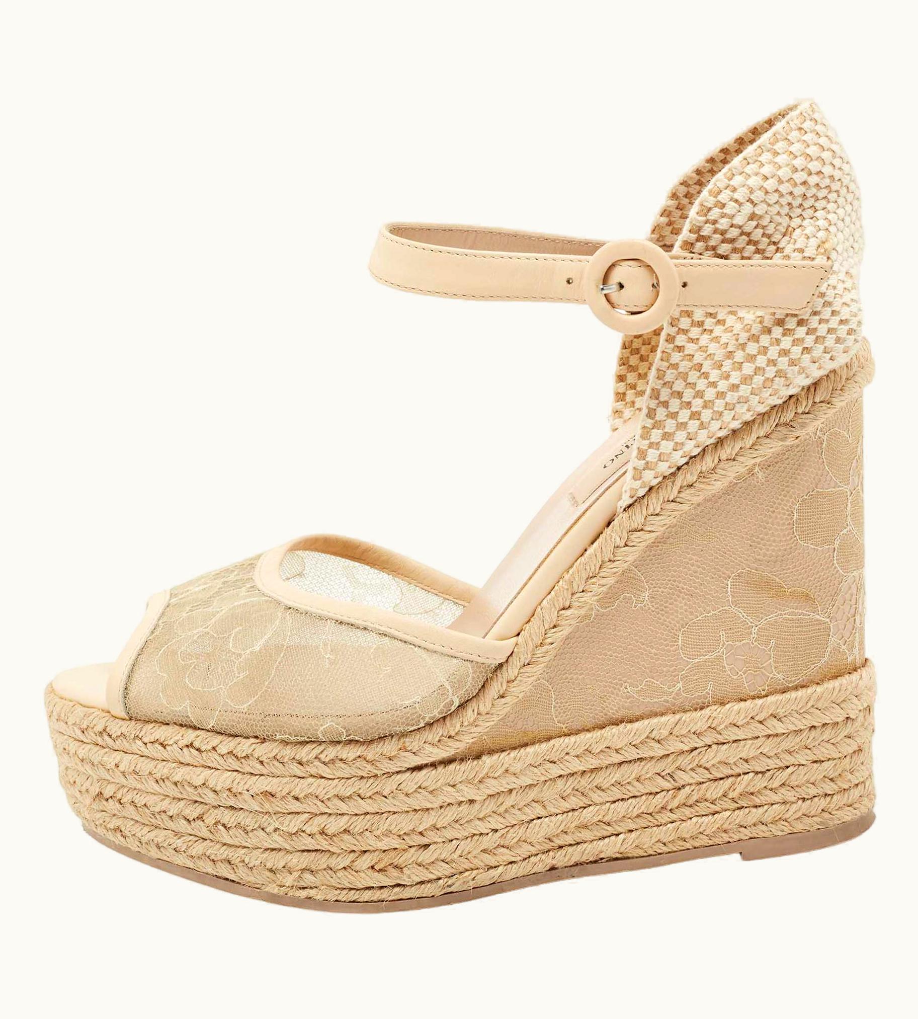 Valentino Valentino Beige Net And Leather Wedge Espadrille Sandals