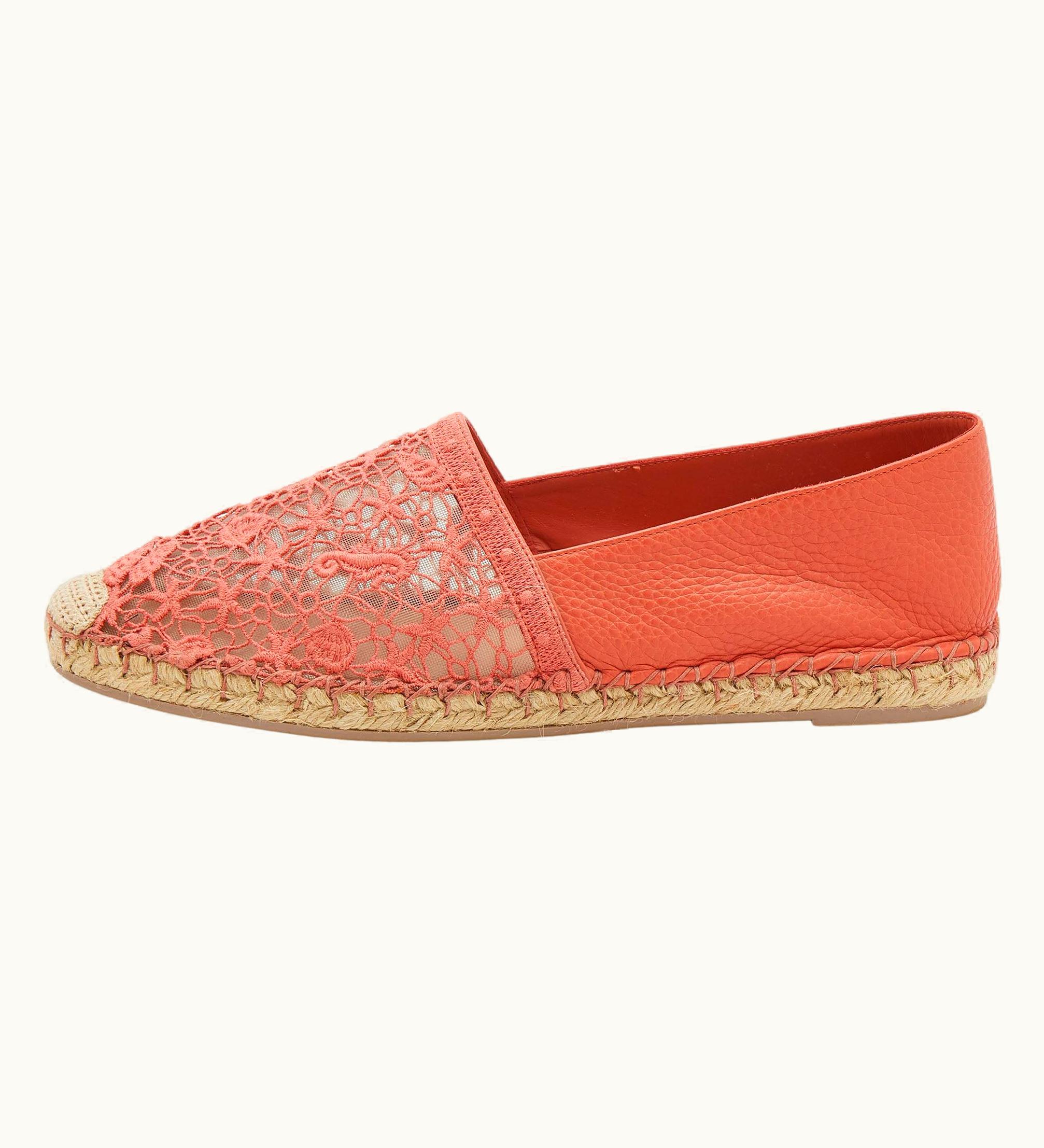 Valentino Valentino Light Orange Leather And Lace Espadrille Flats