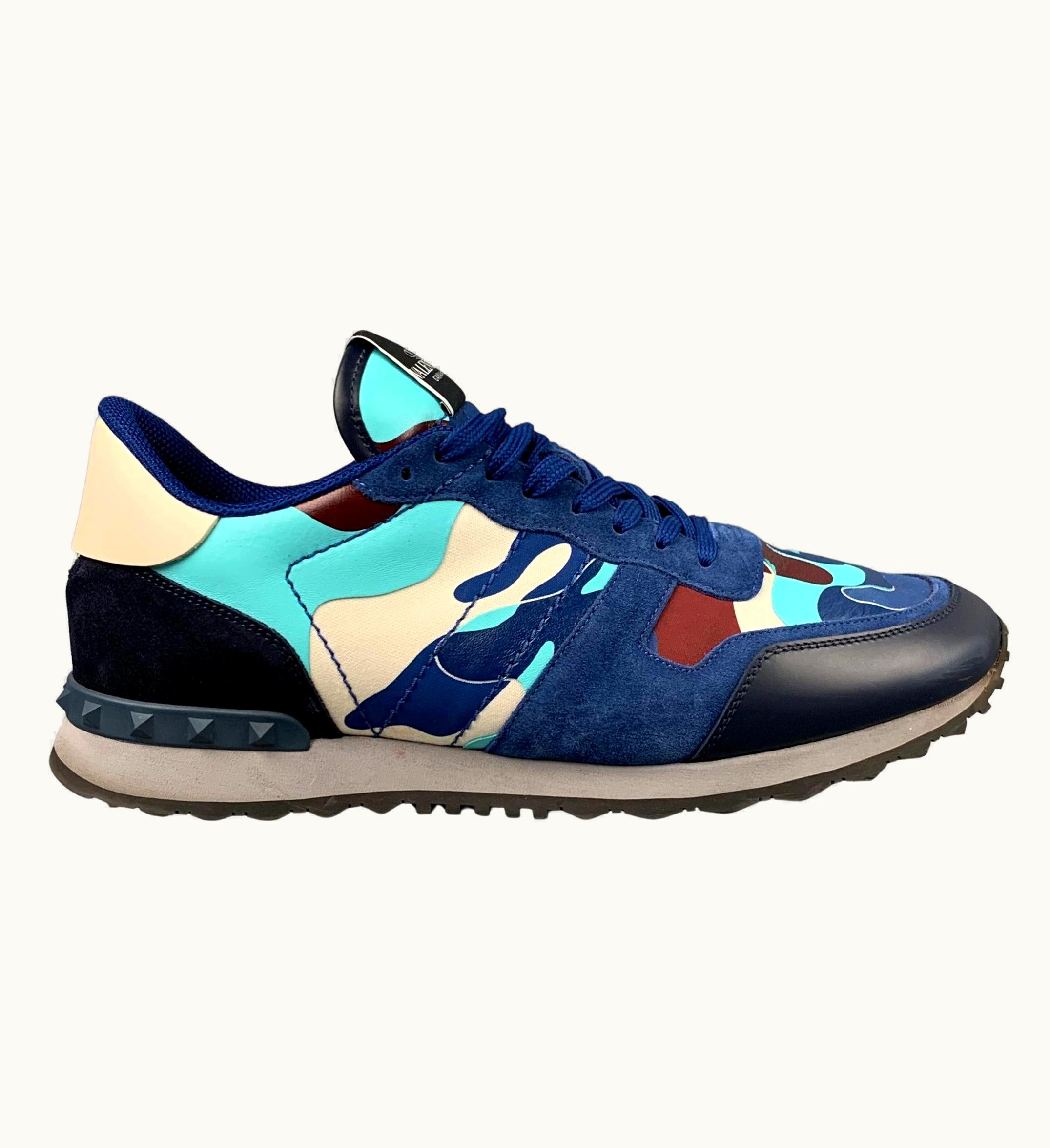 Valentino Valentino Blue Multi-Color Camo Leather Rockrunner Sneakers