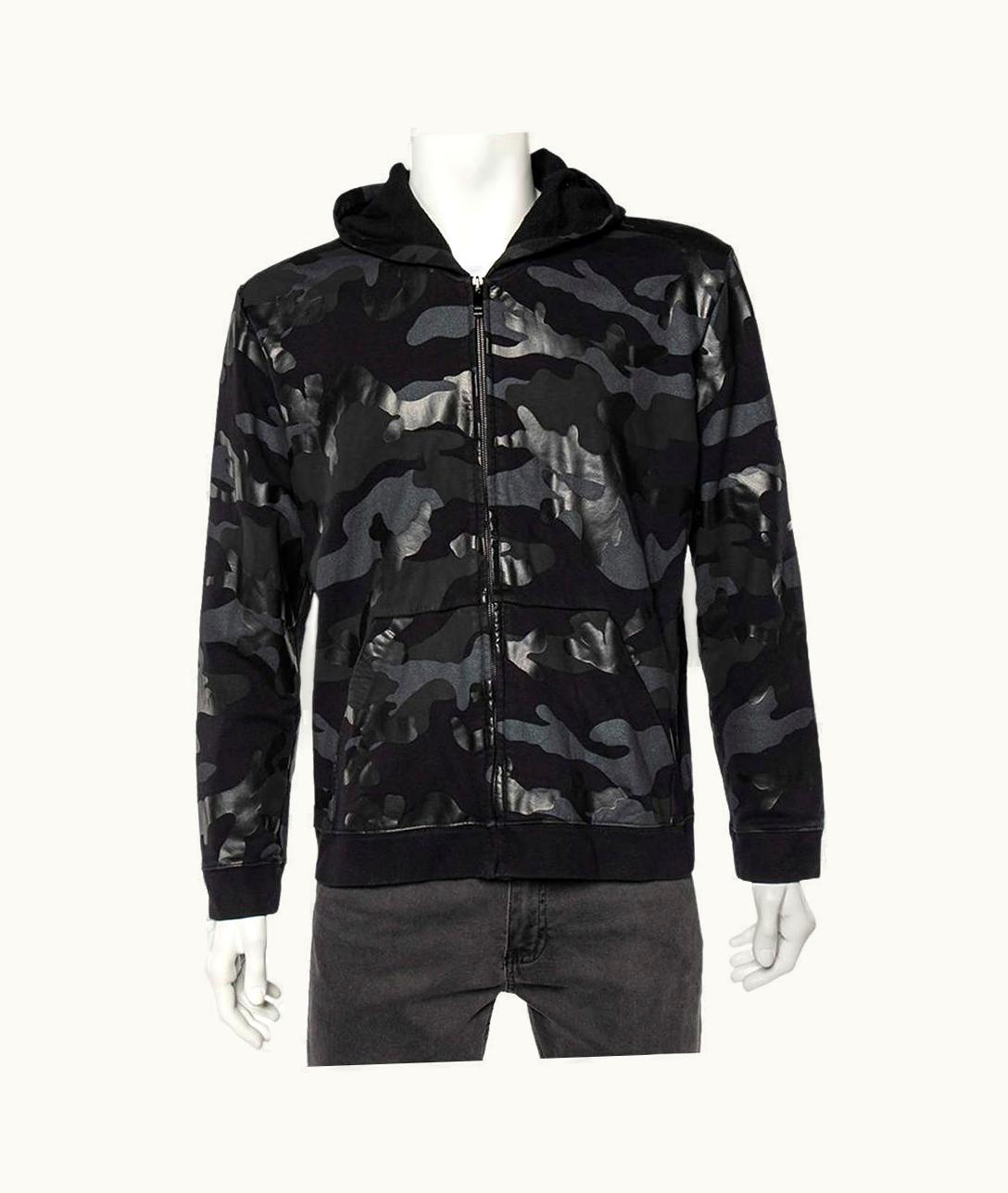 Valentino Valentino Black Camouflage Print Cotton Zip Up Hooded Sweatshirt UZ0611399