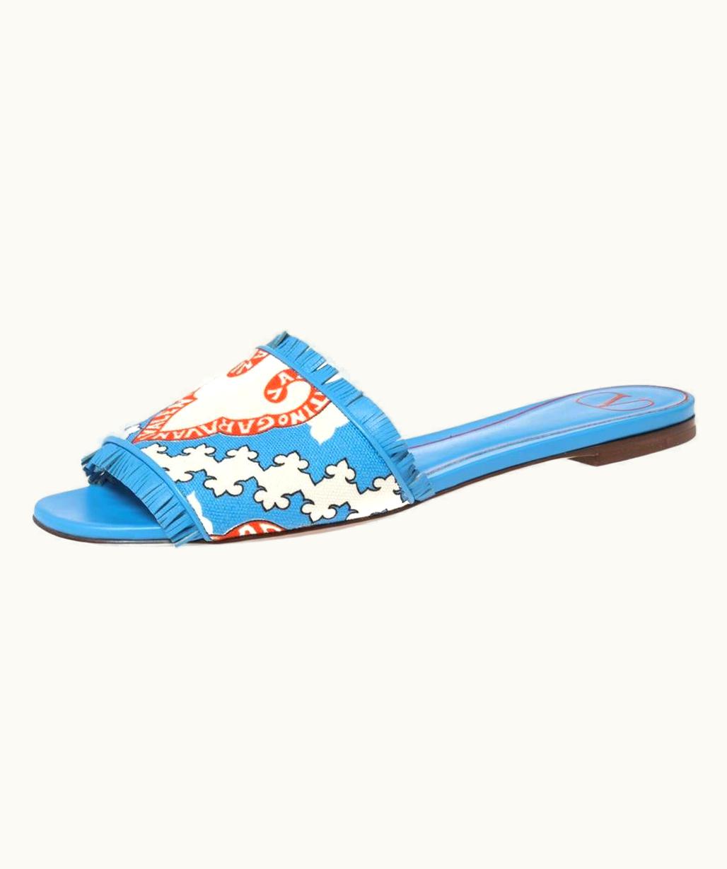 Valentino Valentino Blue Canvas Flower Palm Leaf Flat Slides UZ0611406