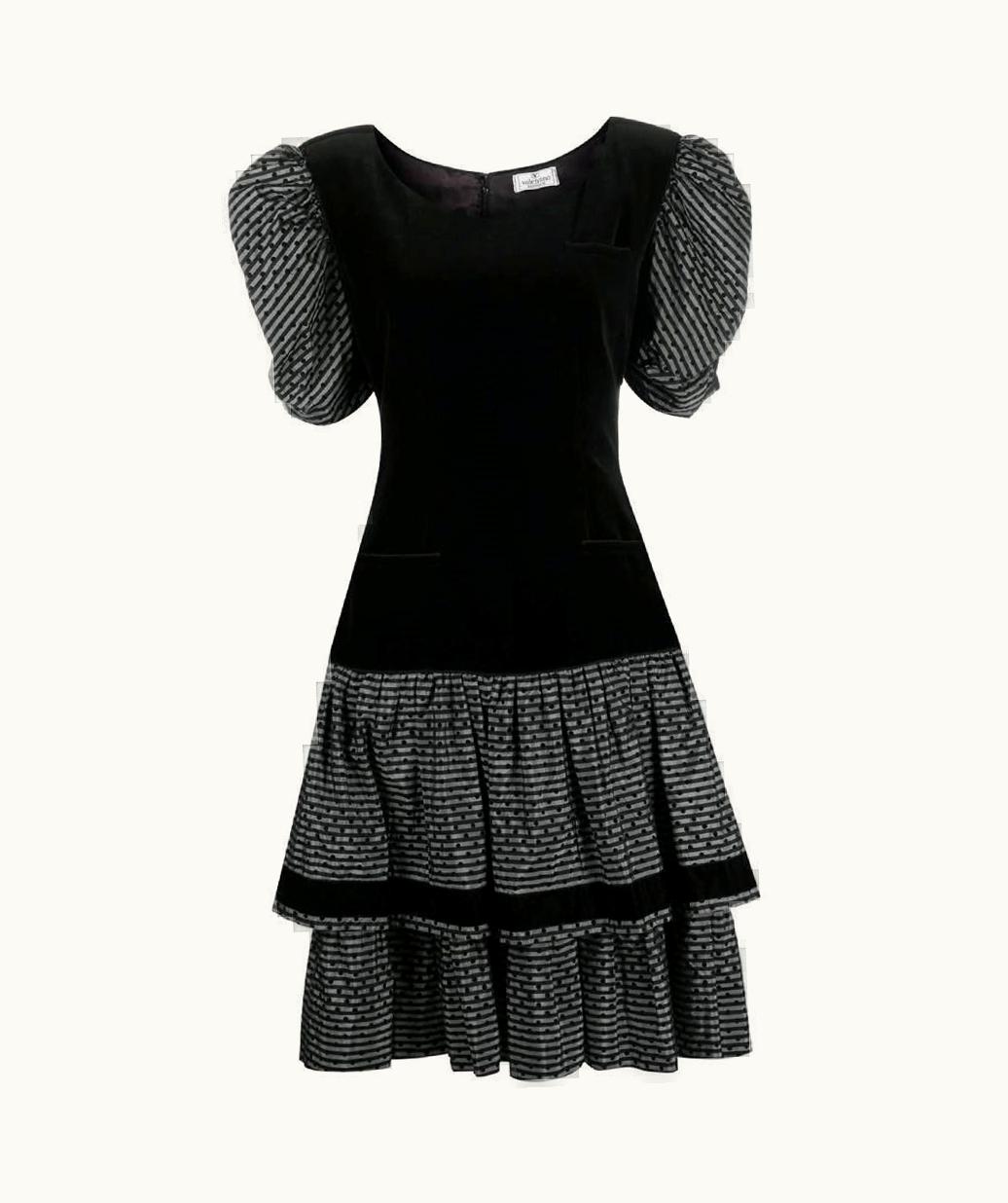 Valentino 80s Valentino Black Velvet Dress With Black Velvet Polka Dots