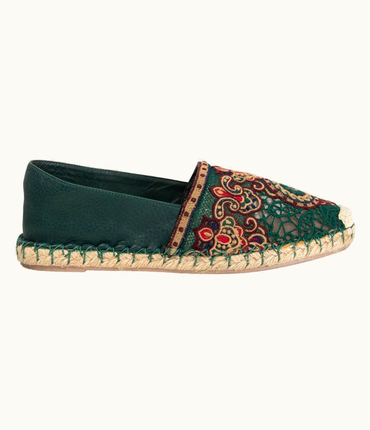 Valentino Valentino Moss Green Leather Embroidered Lace Espadrilles Flats Shoes