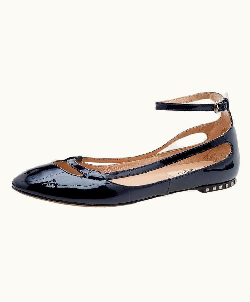 Valentino Valentino Black Patent Leather Ankle Strap Ballet Flats