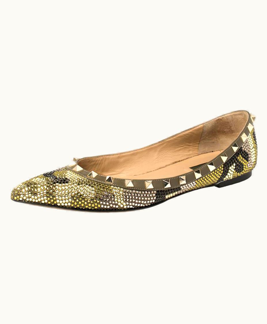 Valentino Valentino Multicolor Crystal Embellished Suede Leather Rockstud Pointed Toe Flat