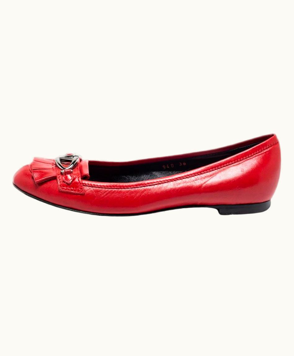 Valentino Valentino Red Leather Fringe Logo Buckle Ballet Flats