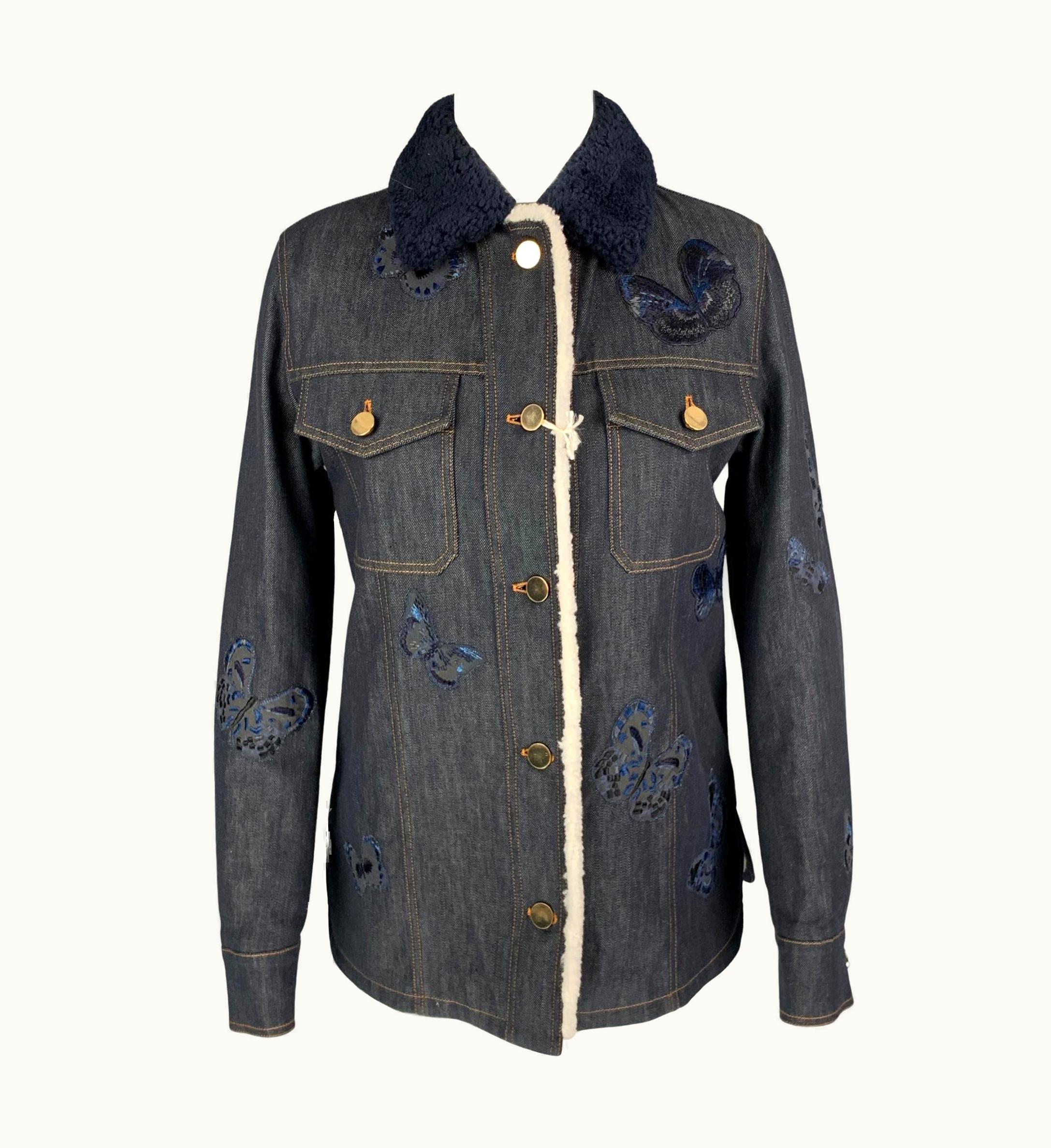 Valentino Valentino Navy Embroidered Butterfly Cotton Sherling Collar Jacket