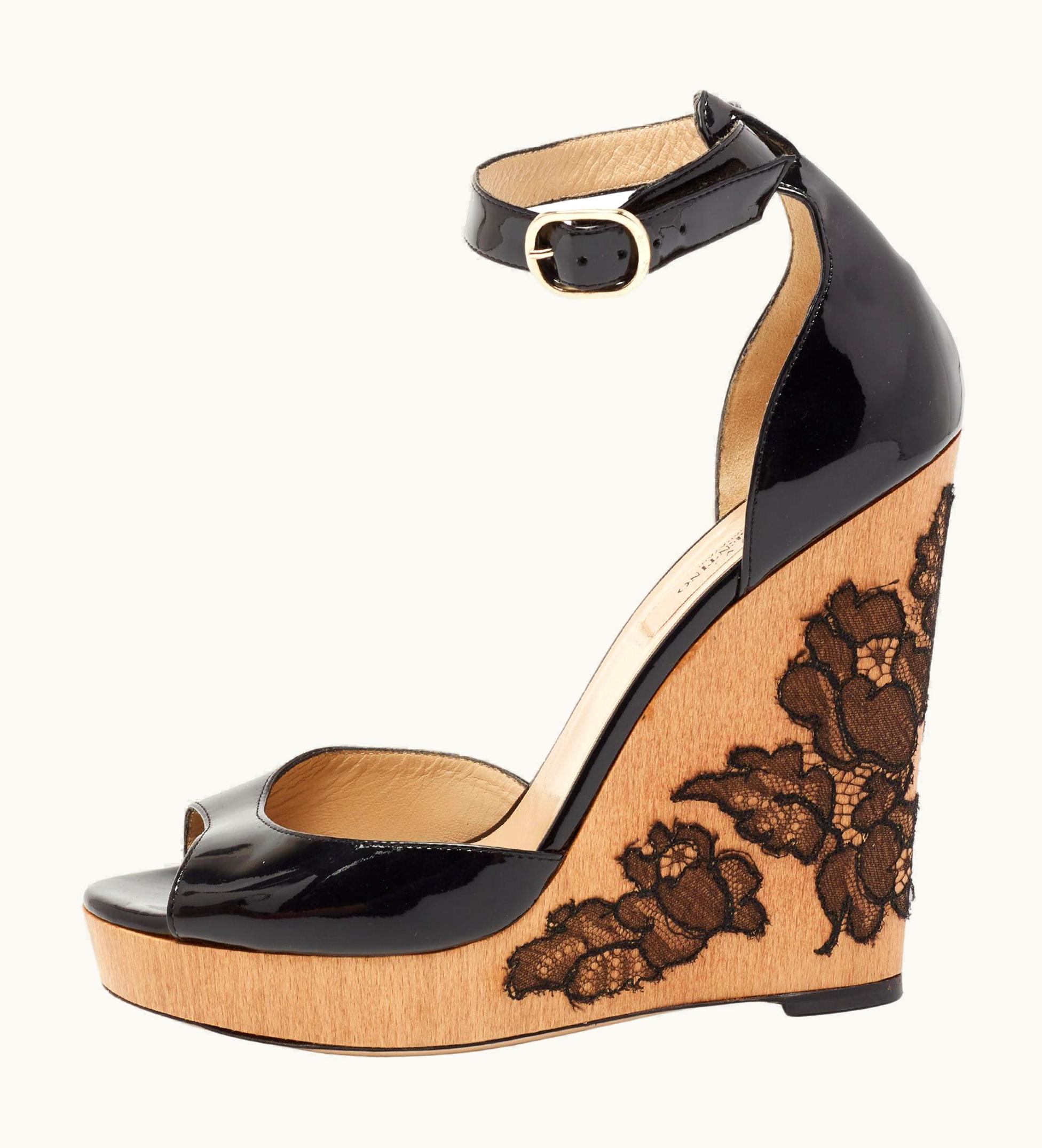 Valentino Valentino Black Patent Leather Ankle Strap Wedge Sandals UZ0611417