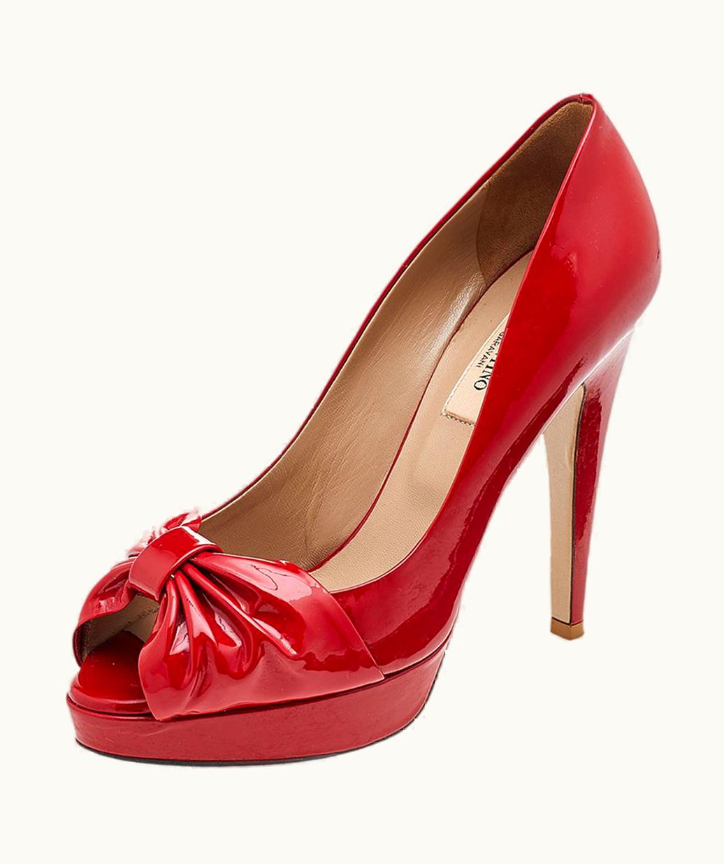 Valentino Valentino Red Patent Leather Bow Peep Toe Pumps