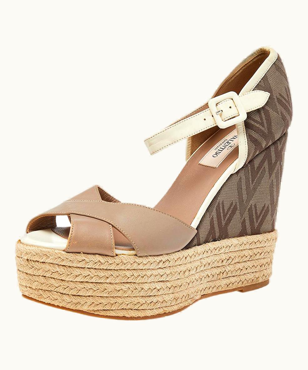 Valentino Valentino Leather And Fabric Wedge Platform Espadrille Sandals