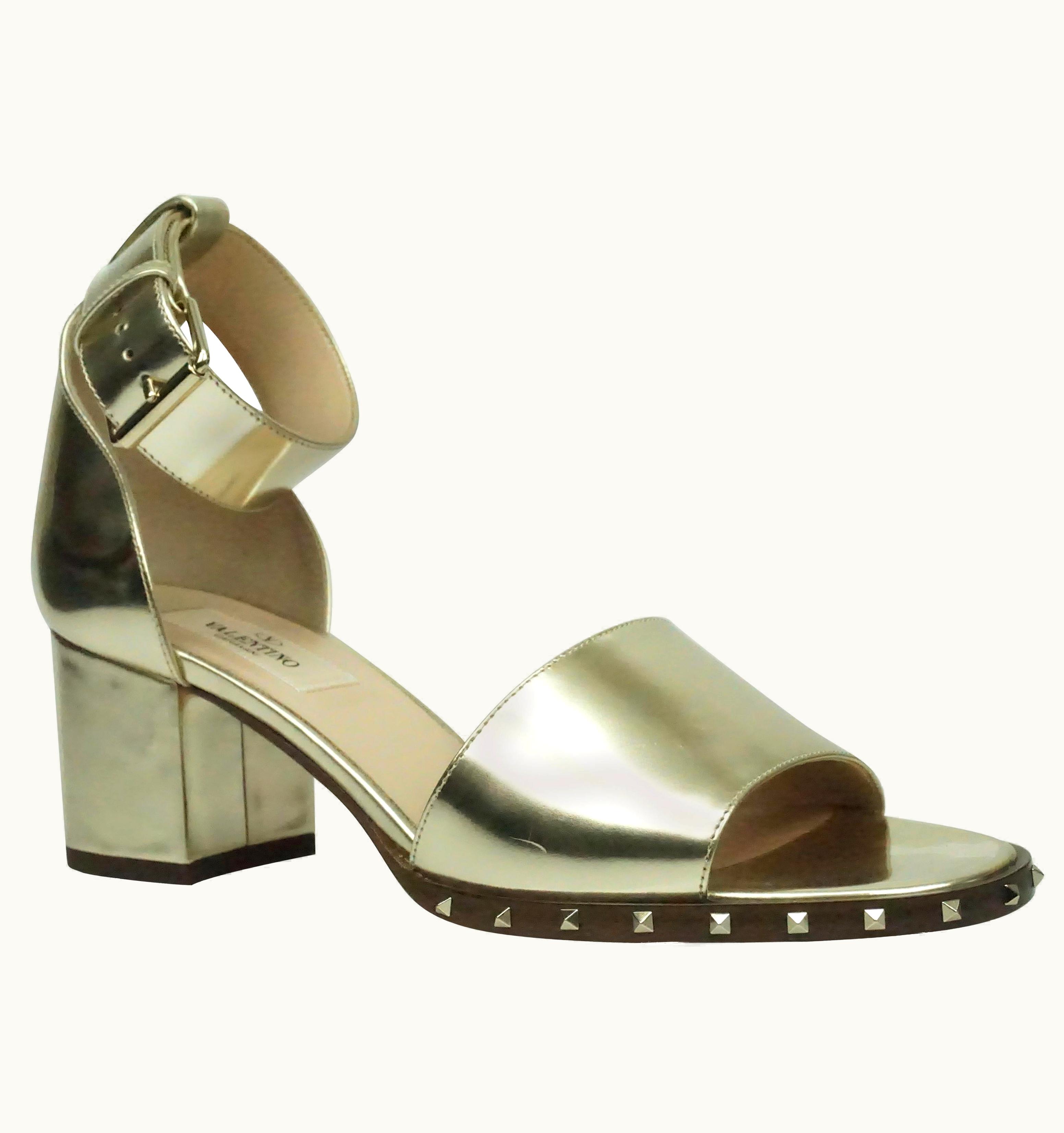 Valentino Valentino Gold Leather Soul Rockstud Ankle Strap Block Heel